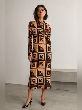 ROSETTA GETTY Long-Sleeve Drape Panel Patchwork-Quilt Print Silk Shirtdress sz 0